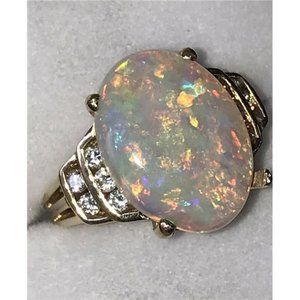 opal ring 14k yellow gold with diamonds 4ct australian crystal size 5 6.2 Grams